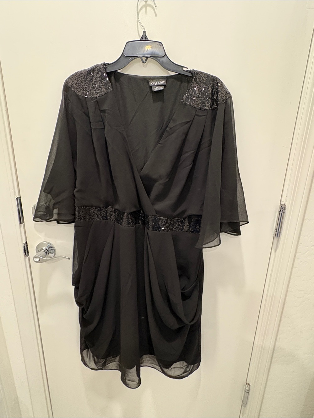 City Chic Black Sequin-Trim Wrap Dress with Flutter Sleeves